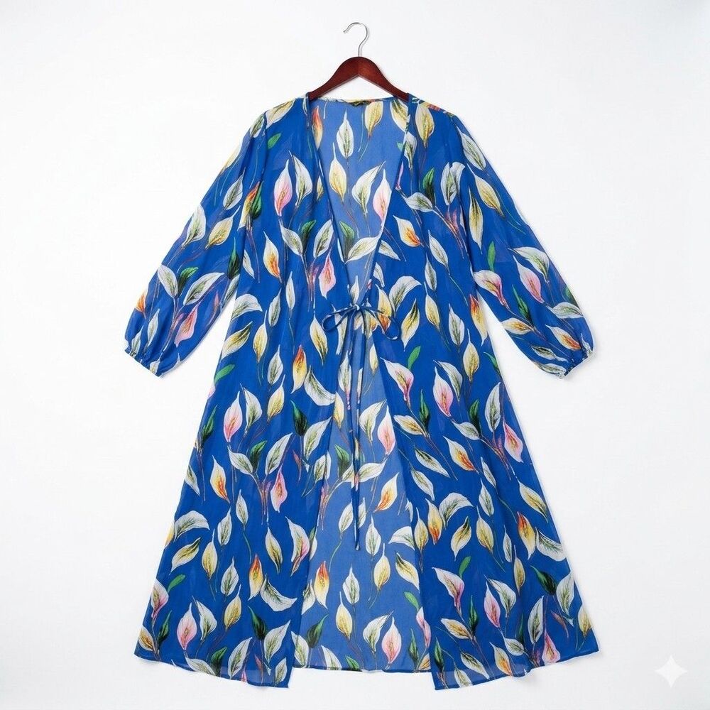 Yaly Couture Silk Blend Calla Lily Floral Tie Front Duster Kimono One Size